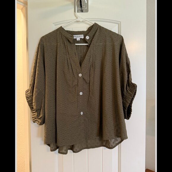 Emerson Fry Mandarin Collar Top in Swiss Dot in Moss | OS - Picture 7 of 9